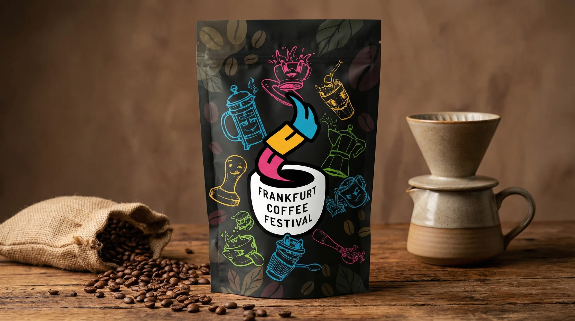 Beispiel für modernes Kaffee-Packaging: Frankfurt Coffee Festival Kaffeebeutel mit buntem Design